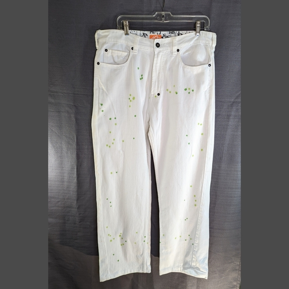 90s White Paint Splatter Jeans Green Splatter 34 x 34 - Picture 2 of 10